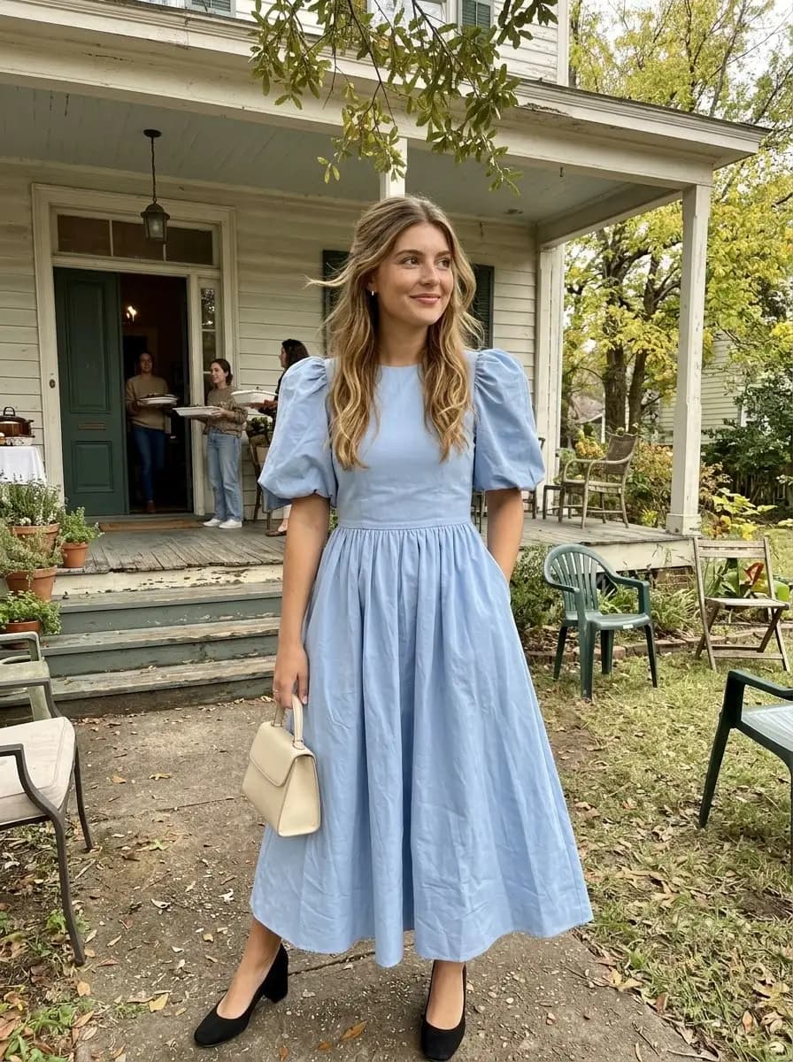 Soft sky-blue puff-sleeve midi dress with black block-heel pumps and ivory handbag