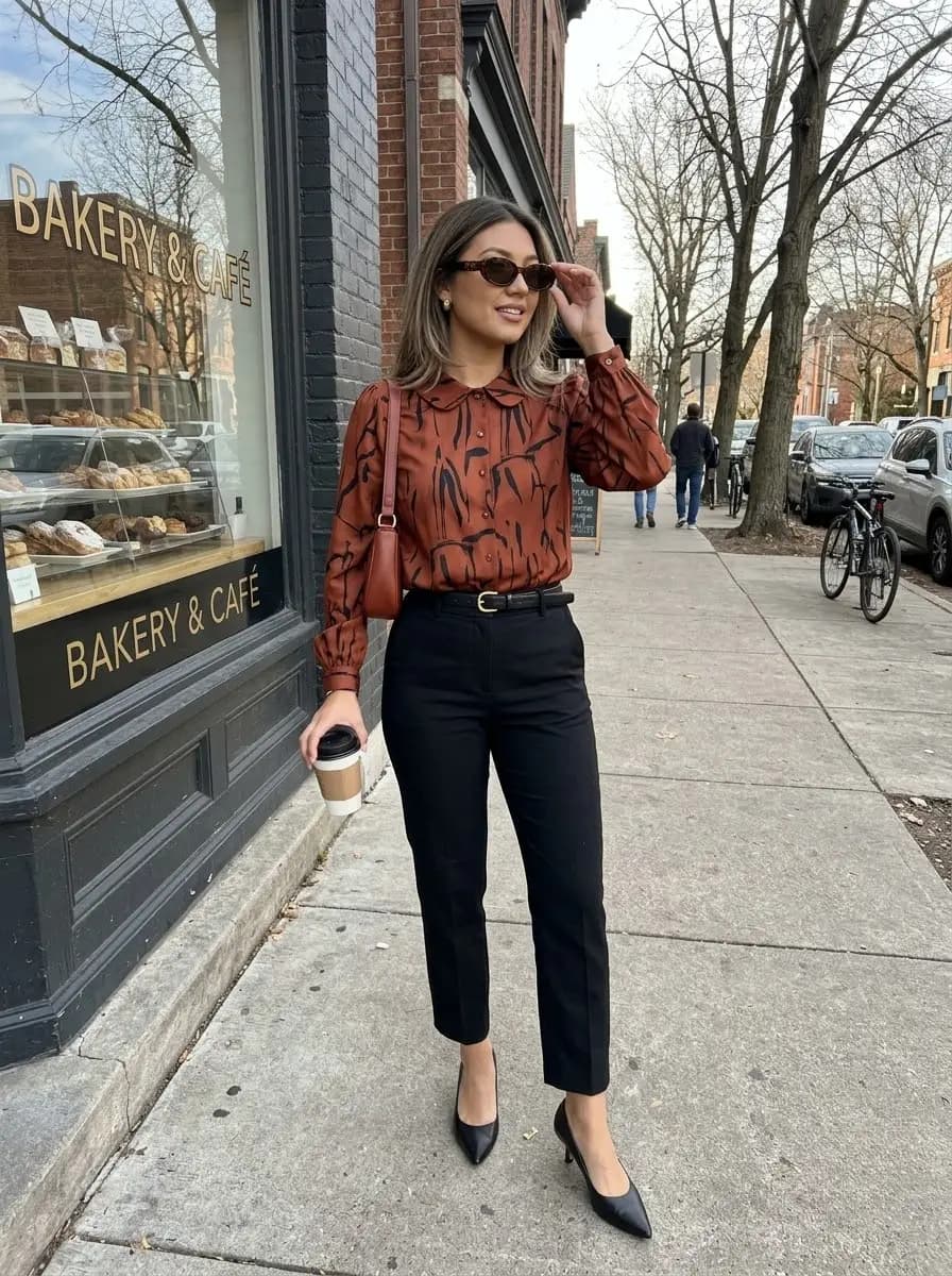 Brown patterned collared blouse tucked into black cropped tailored trousers with heels