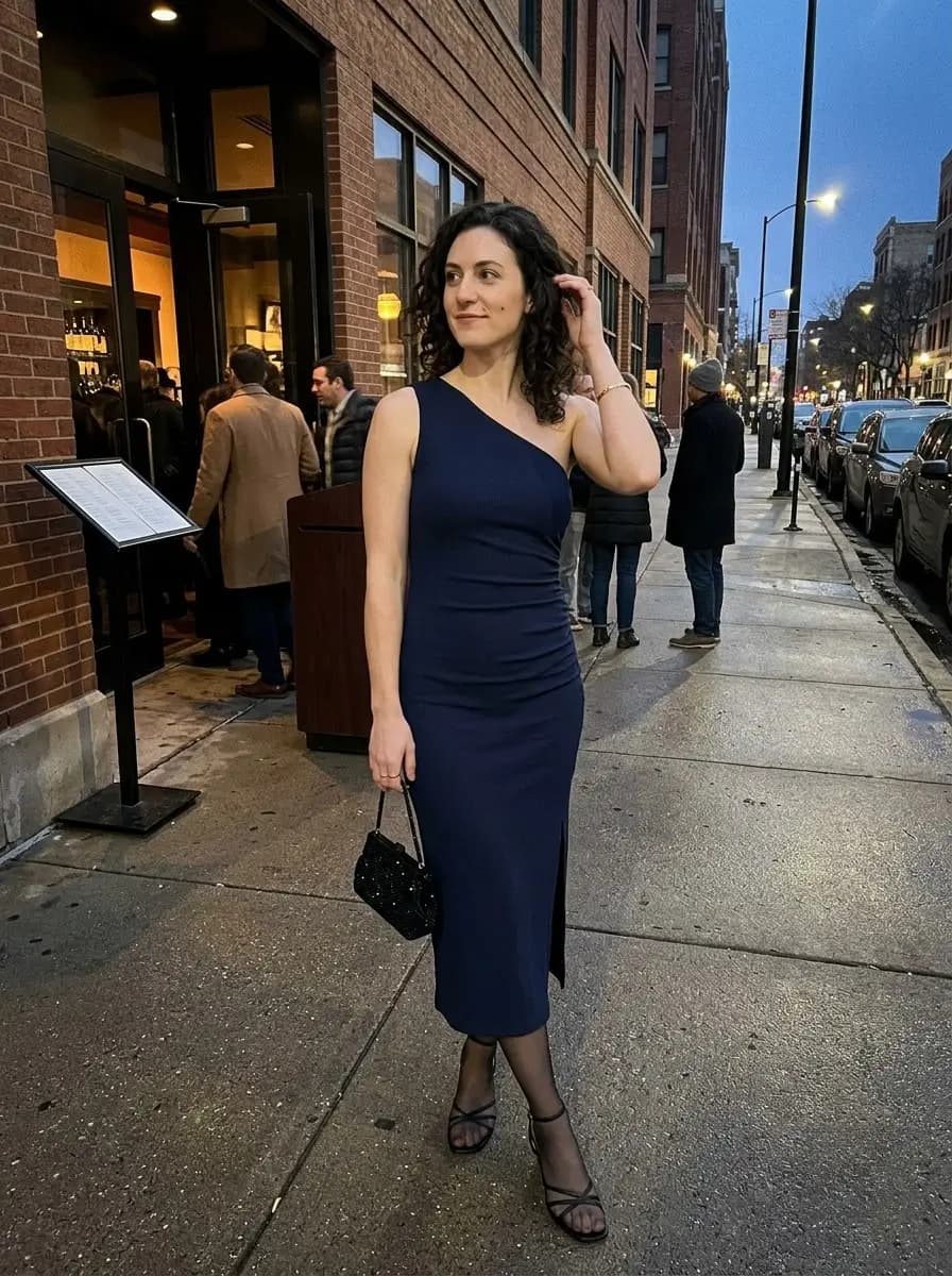Navy blue one-shoulder midi dress with sheer black tights and strappy black heels