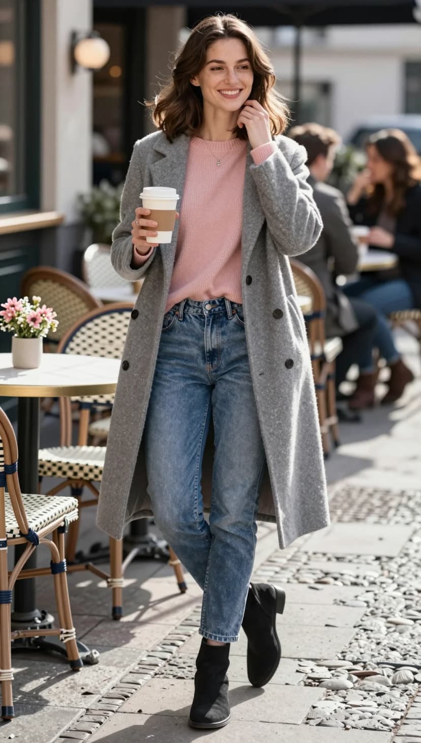 Grey Wool Blend Coat + Pink Crew Neck Sweater + Blue Wash Denim Jeans + Black Suede Ankle Boots
