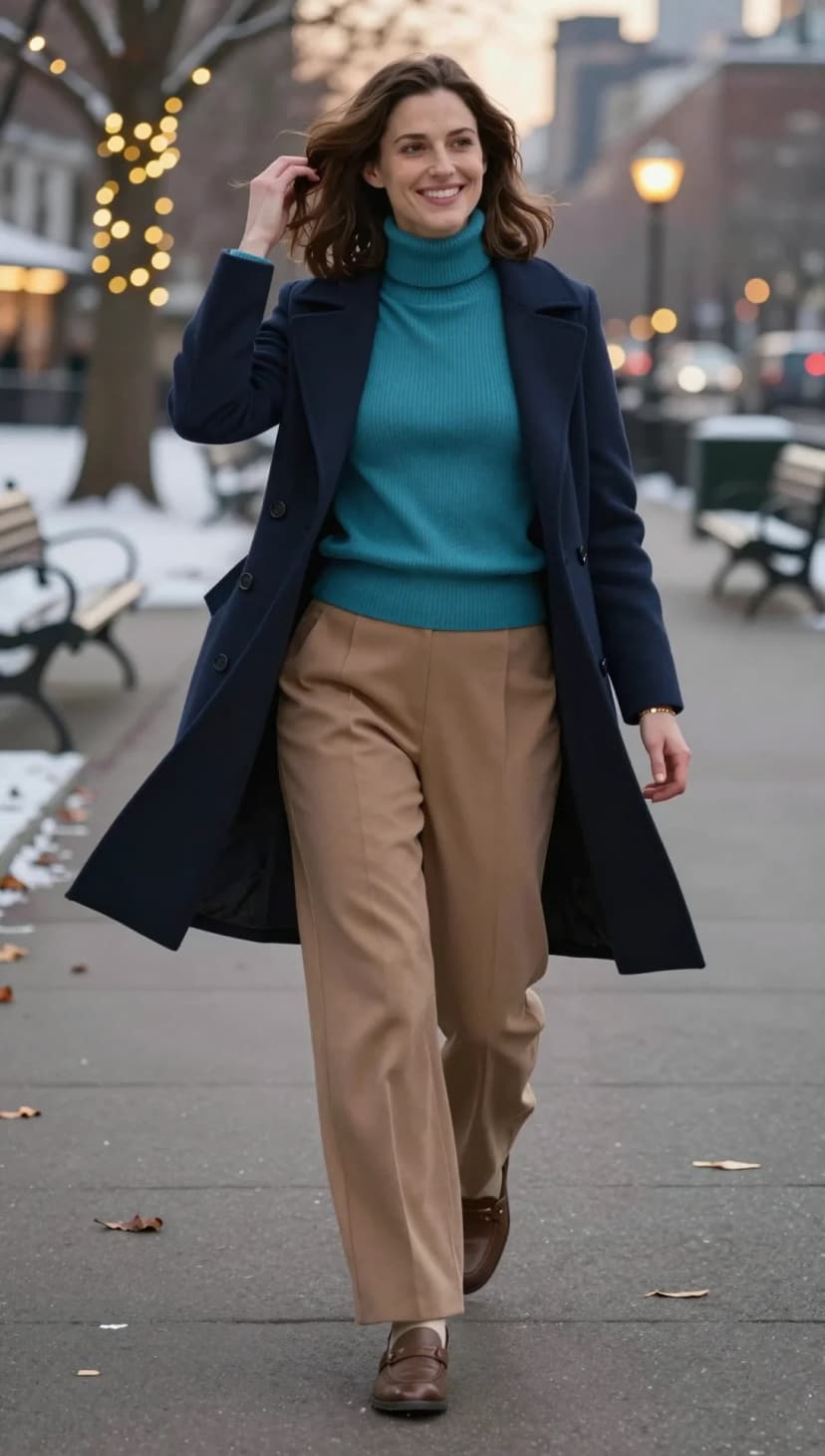 Navy Wool Coat + Teal Ribbed Knit Turtleneck + Camel Wide-Leg Trousers + Brown Leather Loafers