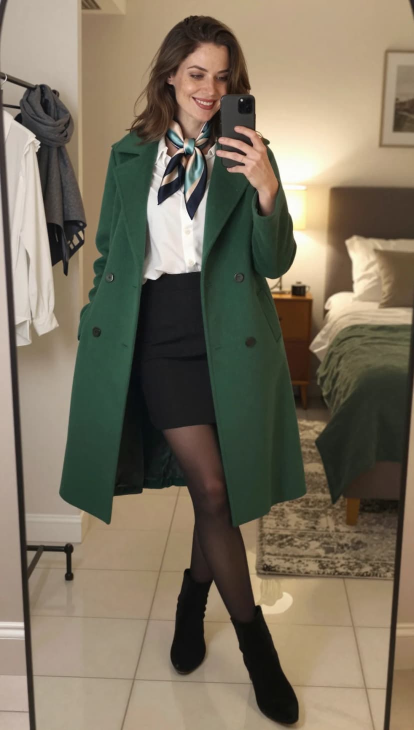 Emerald Green Wool Coat + White Button-Down Shirt + Black Textured Mini Skirt + Black Suede Ankle Boots