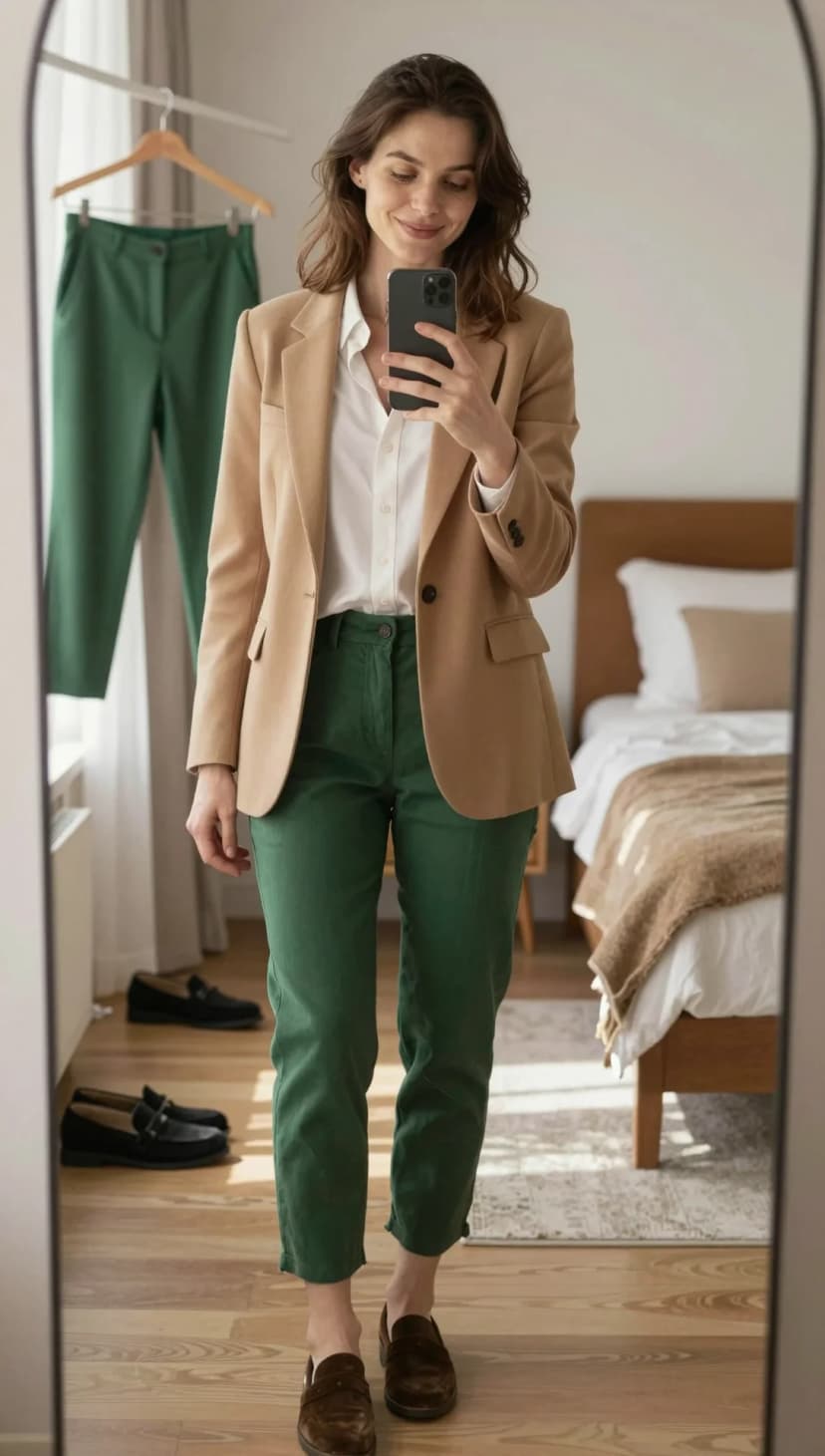 White Button-Down Shirt + Camel Wool Blazer + Forest Green Twill Trousers + Brown Suede Loafers