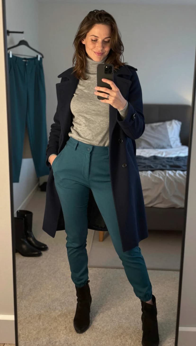 Grey Ribbed Knit Turtleneck + Teal Twill Trousers + Navy Wool Coat + Black Suede Boots