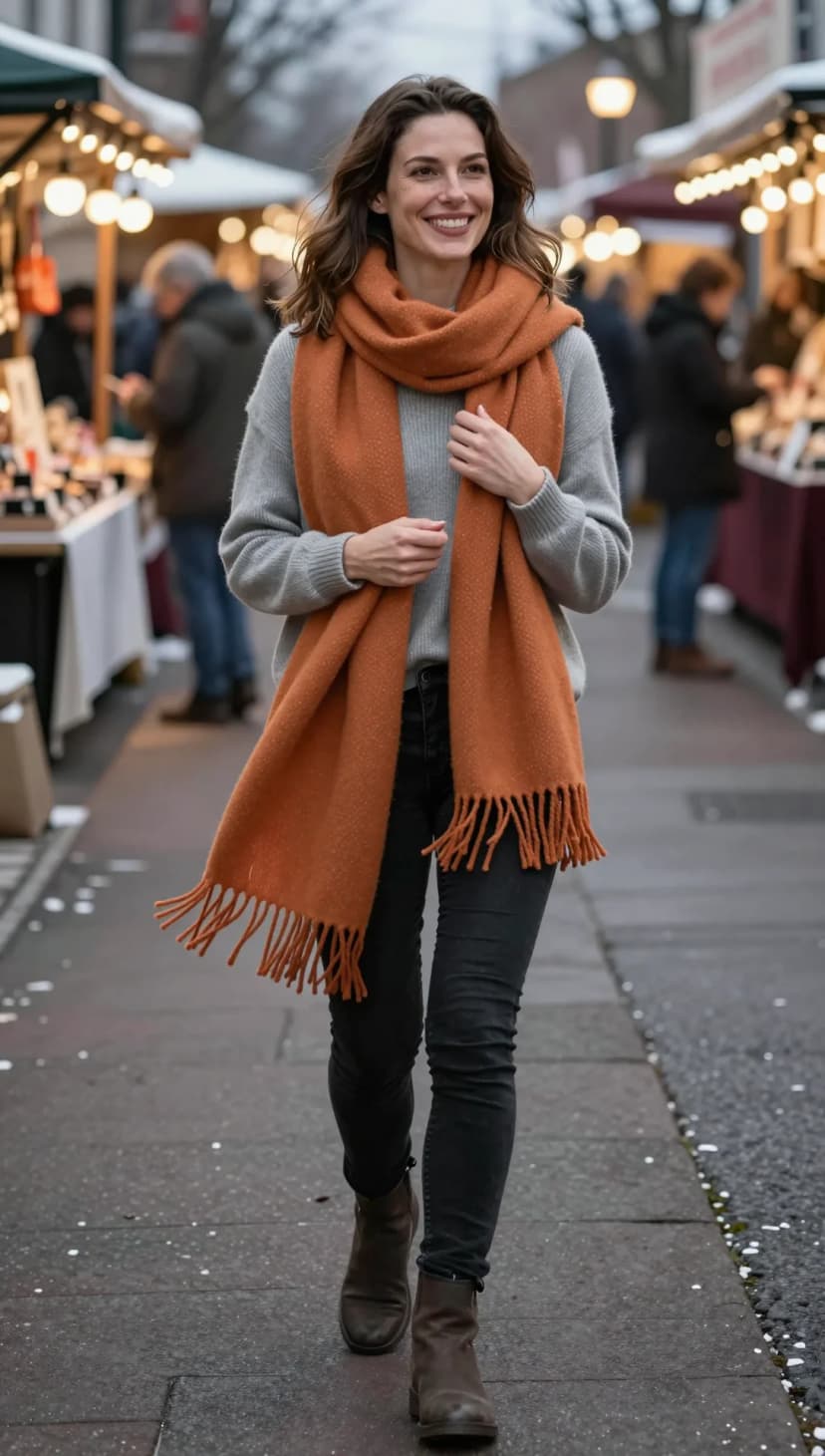 Grey Knit Sweater + Orange Wool Scarf + Black Denim Jeans + Brown Leather Boots