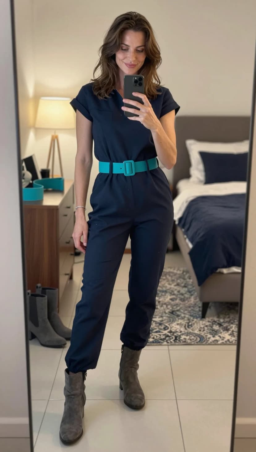 Navy Crepe Jumpsuit + Teal Leather Belt + Charcoal Suede Boots