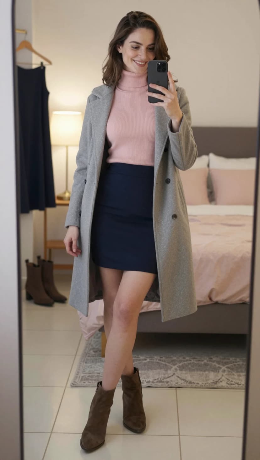 Pink Ribbed Knit Turtleneck + Navy A-Line Skirt + Grey Wool Coat + Brown Suede Boots