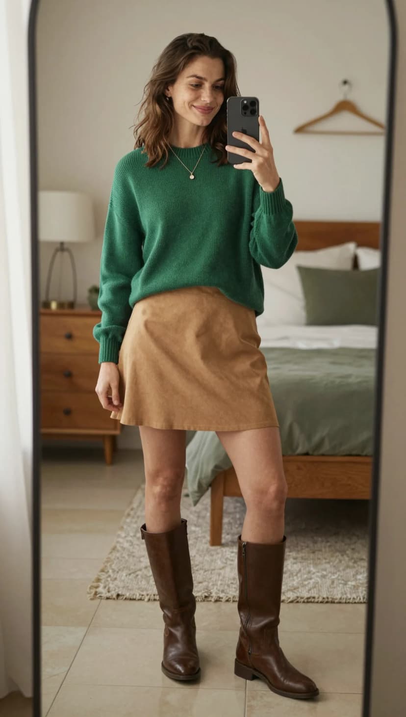 Green Knit Sweater + Tan Suede Mini Skirt + Brown Leather Boots