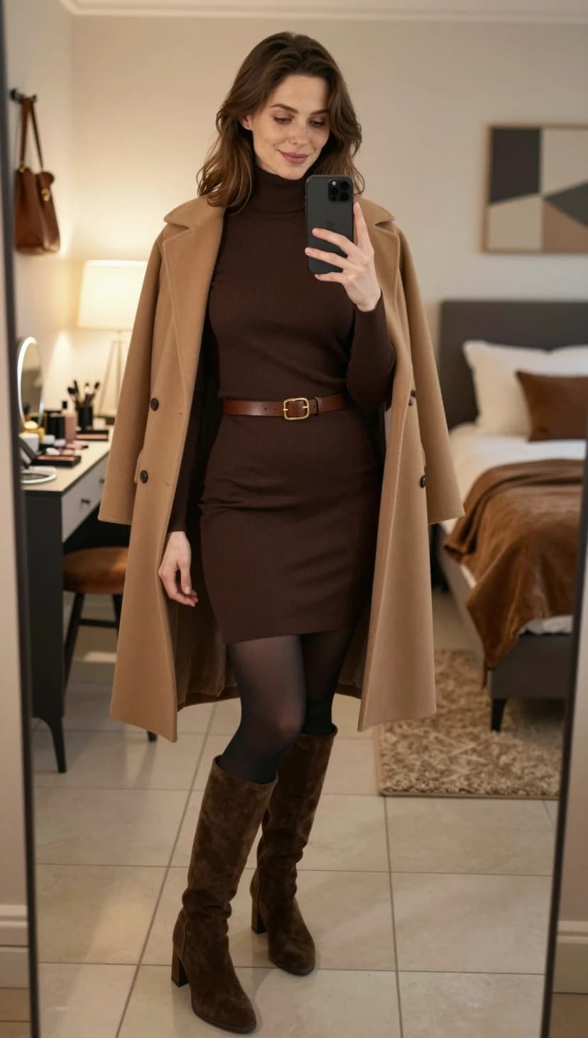 Brown Ribbed Knit Turtleneck Dress + Camel Wool Coat + Black Tights + Brown Suede Boots