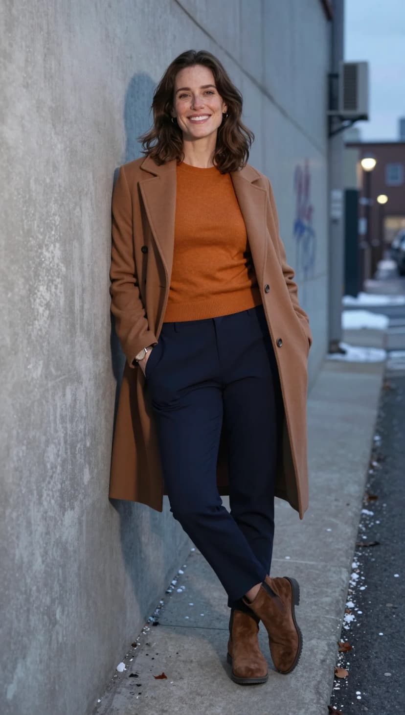 Camel Wool Coat + Burnt Orange Crew Neck Sweater + Navy Crepe Trousers + Brown Suede Ankle Boots