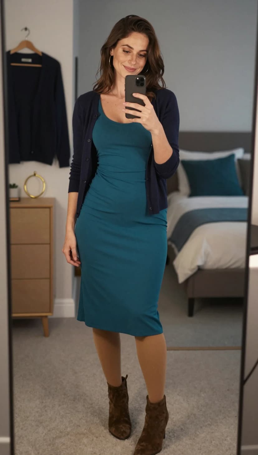 Teal Knit Midi Dress + Navy Cardigan + Tan Tights + Brown Suede Ankle Boots