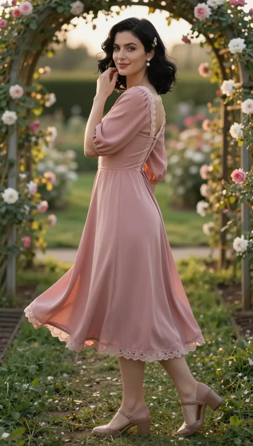 Pink Chiffon Lace Trimmed Midi Dress + Nude Block Heel Mary Janes