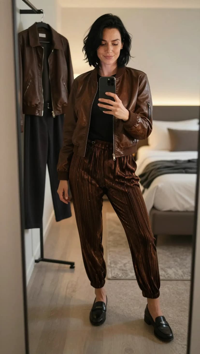 Brown Faux Leather Bomber Jacket + Black Crew Neck T-Shirt + Brown Pleated Velvet Trousers