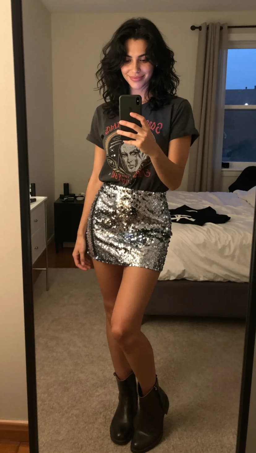 Charcoal Graphic T-Shirt + Silver Sequin Mini Skirt + Black Leather Ankle Boots