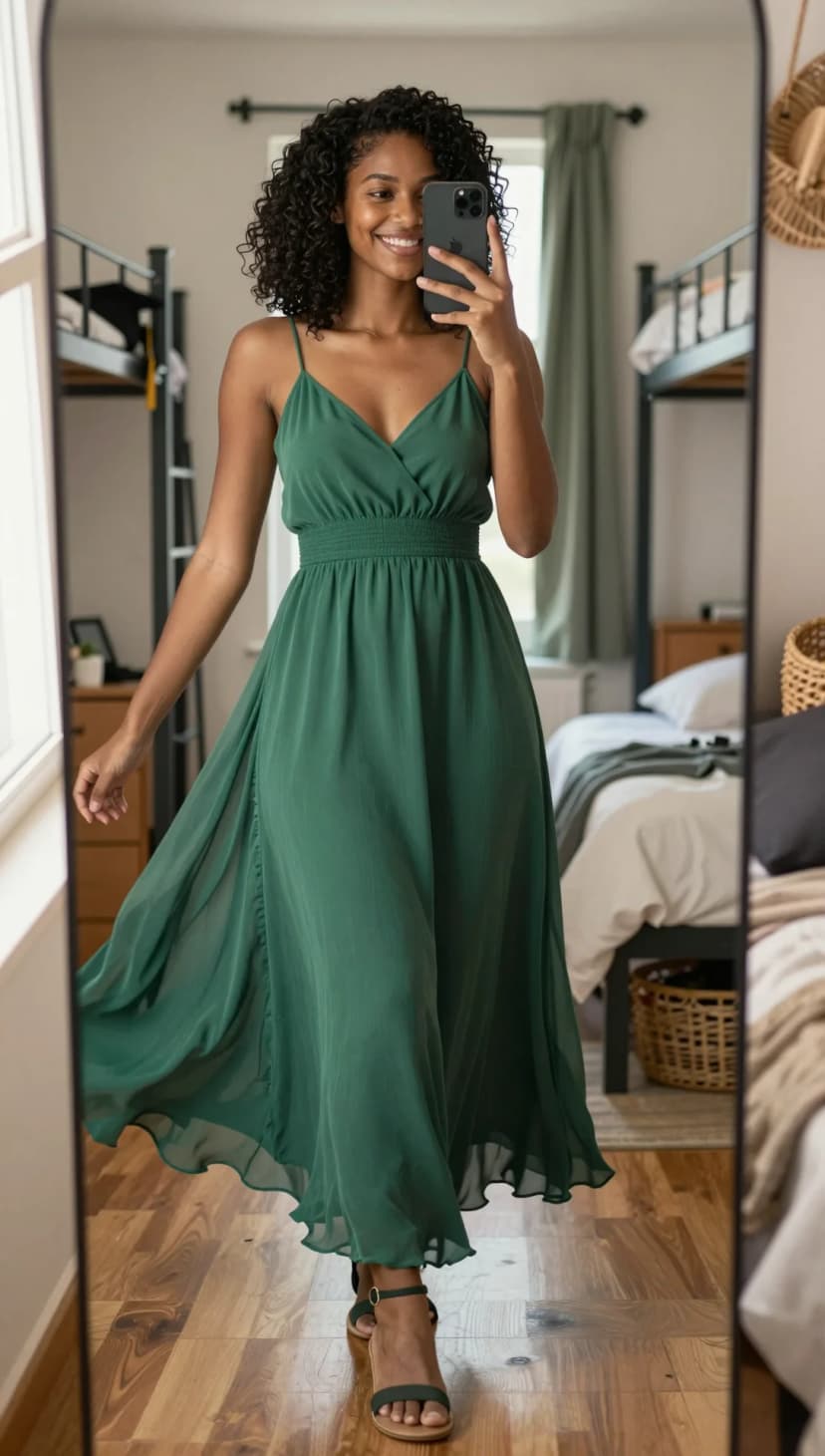 Emerald Chiffon Maxi Dress + Dark Green Strappy Heels