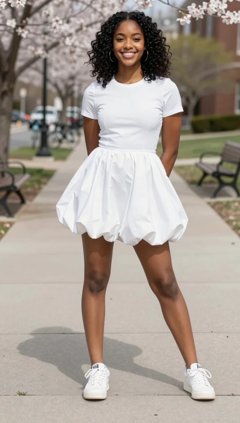 White Cotton T-shirt + White Balloon Mini Skirt + White Sneakers