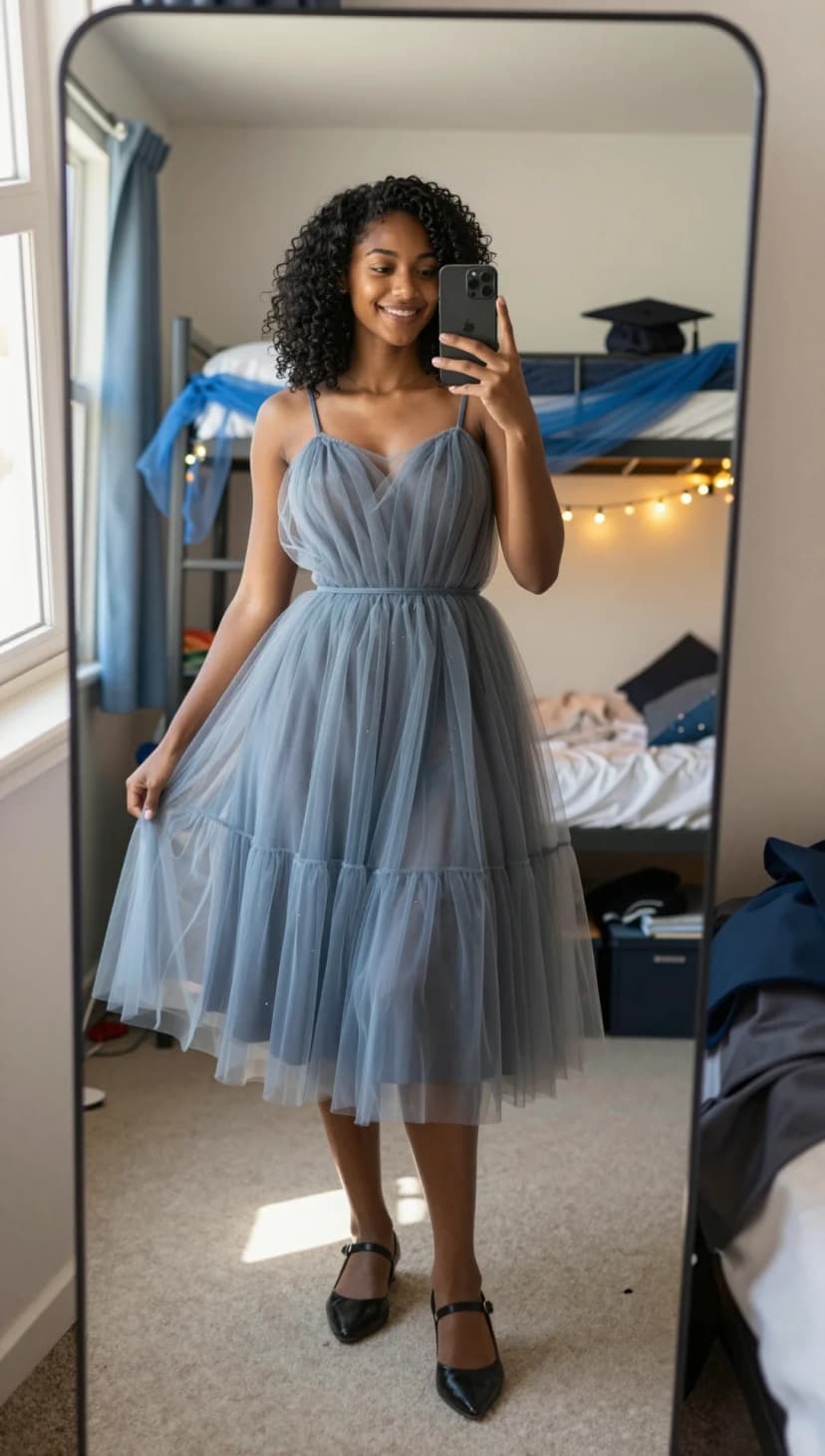 Blue Tulle Midi Dress + Black Mary Jane Heels