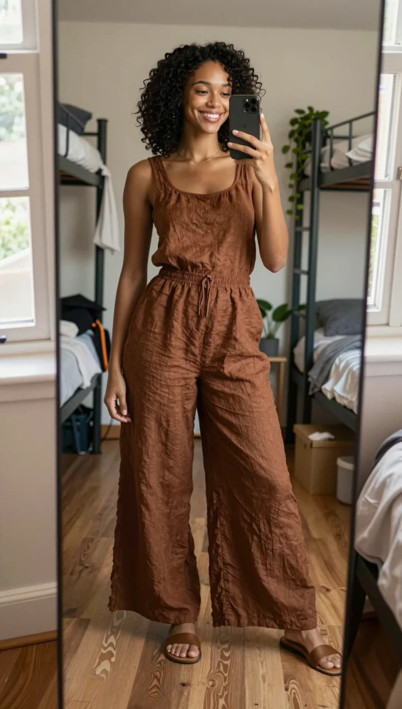 Brown Linen Blend Tank Top + Brown Linen Blend Wide-Leg Jumpsuit