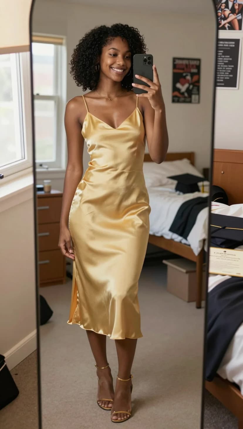 Gold Satin Slip Dress + Gold Strappy Heels