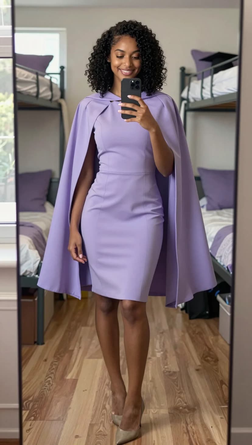 Lavender Cape Dress + Taupe Pointed-Toe Heels