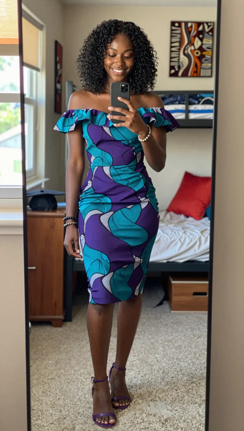 Purple and Teal Print Off-the-Shoulder Midi Dress + Purple Strappy Heels