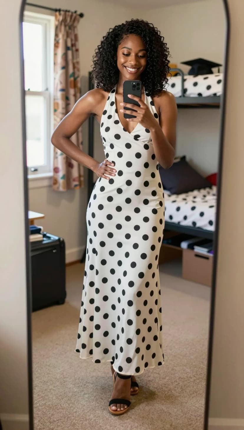 White Polka Dot Halter Maxi Dress + Black Strappy Sandals