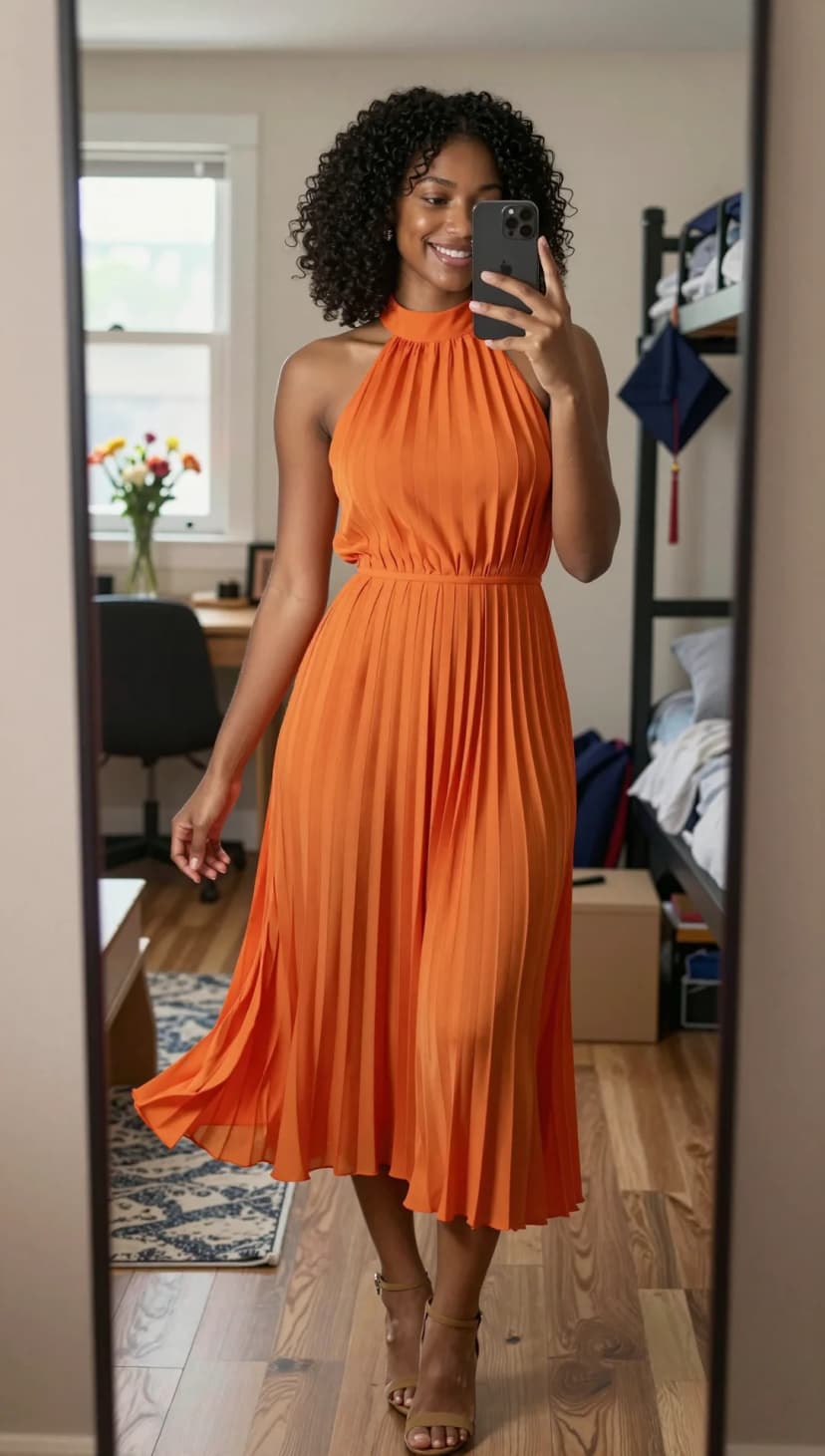 Orange Pleated Halter Dress + Tan Strappy Heels
