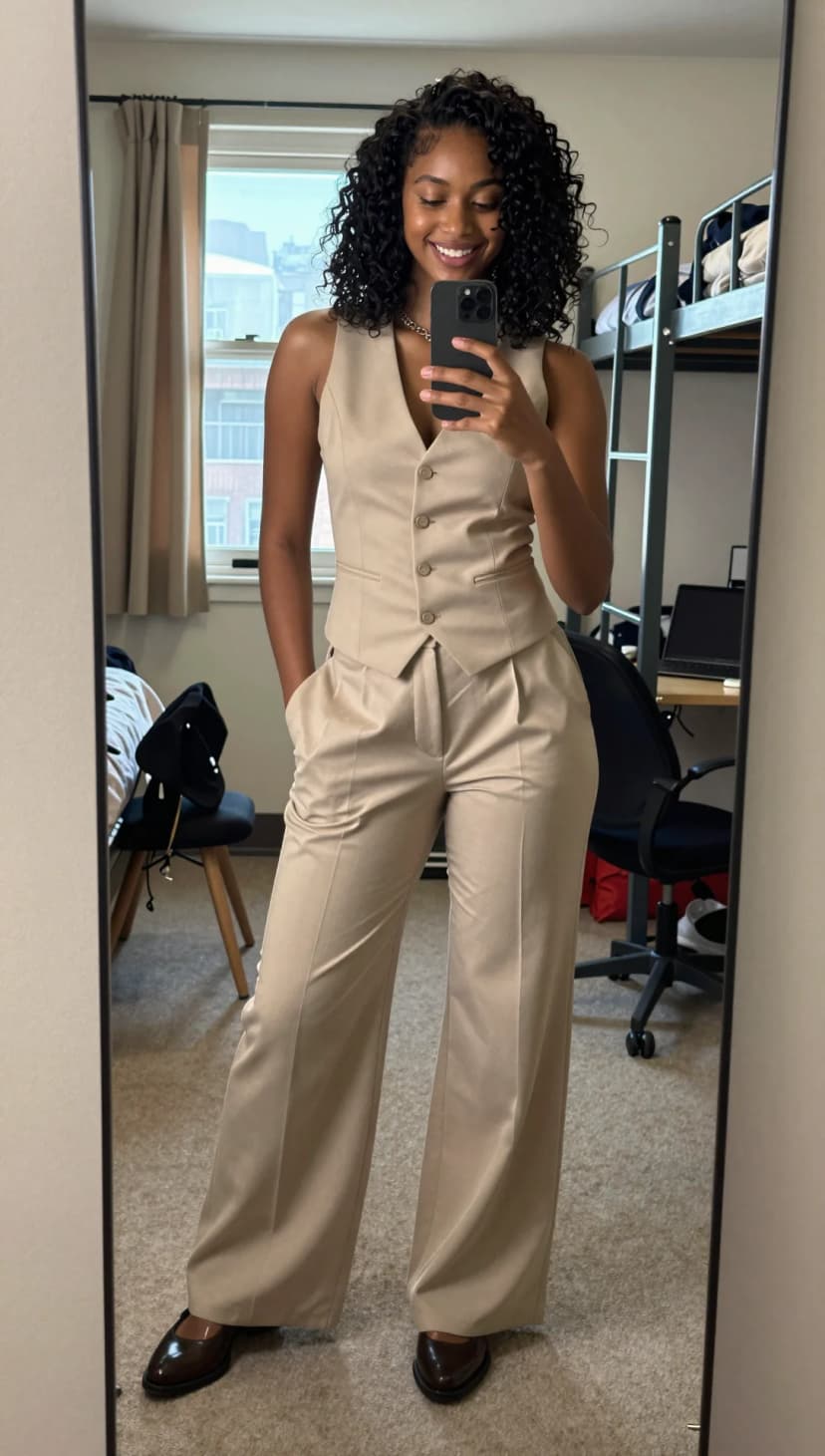 Beige Linen Vest + Beige Linen Trousers + Brown Leather Loafers