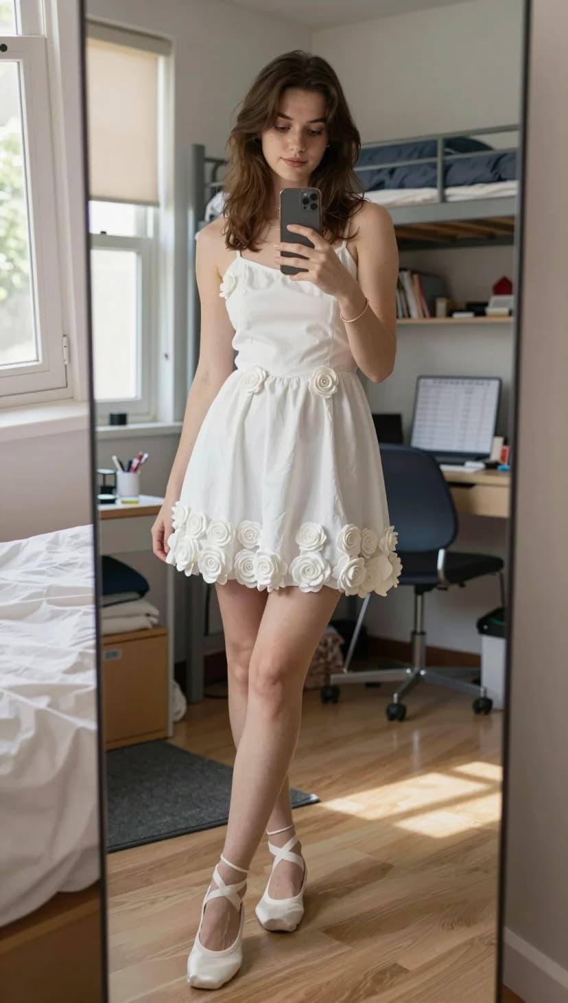 White Rose Embellished Mini Dress + White Satin Ballet Flats
