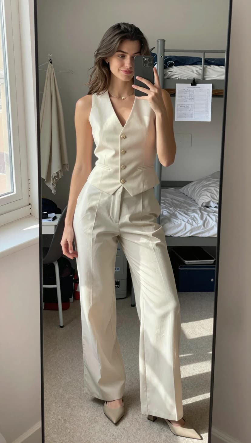 Cream Linen Vest + Cream Linen Wide-Leg Trousers + Taupe Pointed-Toe Heels