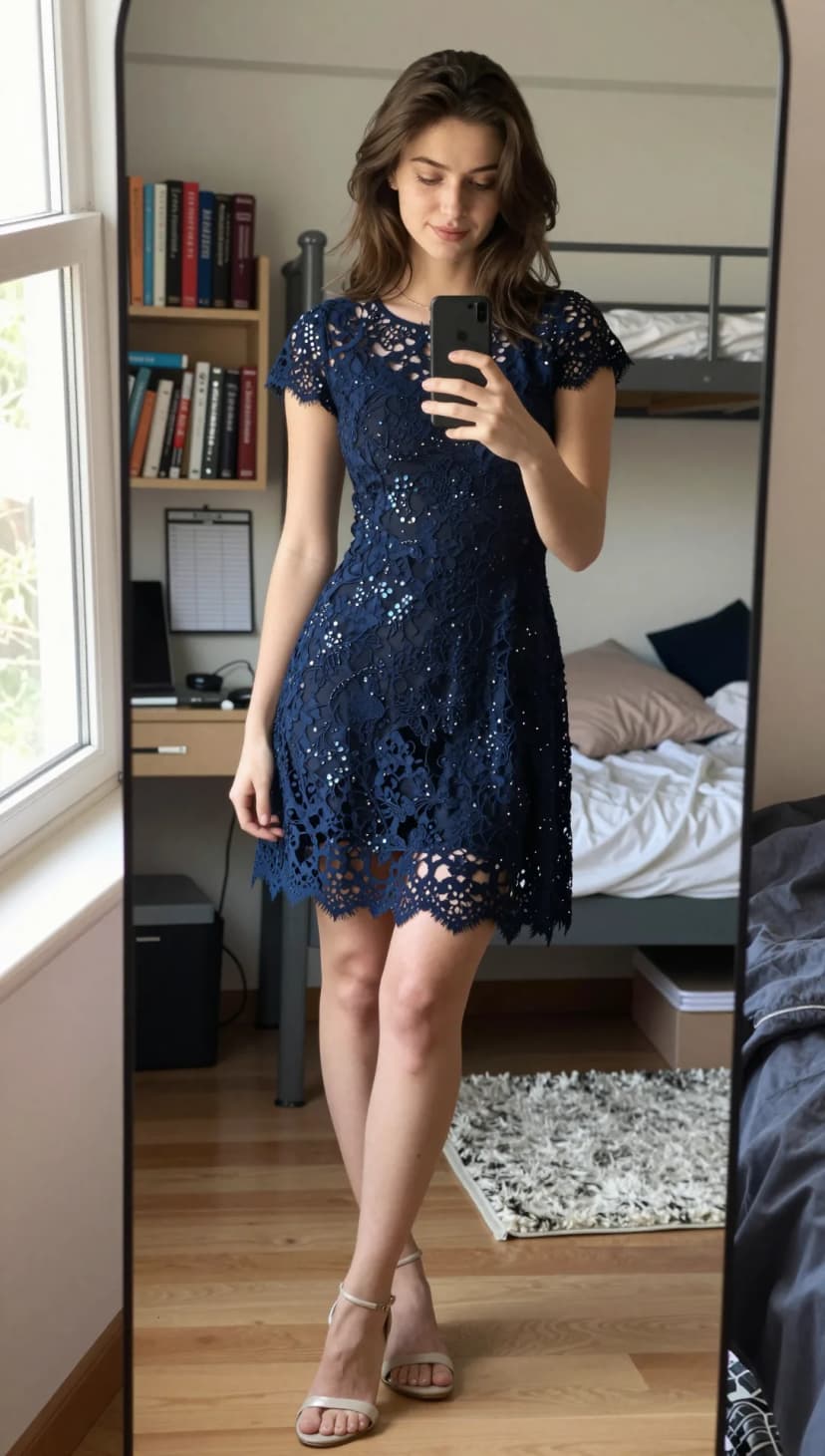 Navy Lace Dress + Nude Strappy Heels