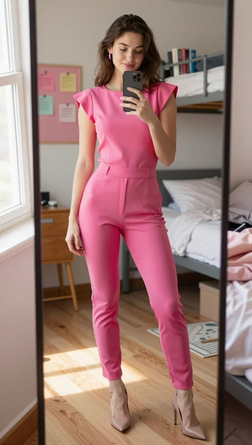 Hot Pink Crepe Jumpsuit + Nude Pointed-Toe Heels