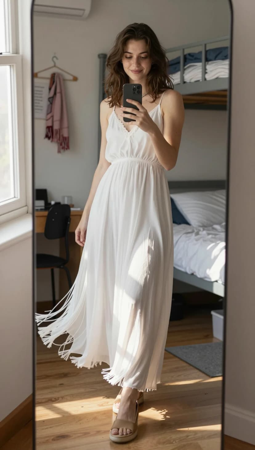 White Gauze Maxi Dress + Tan Platform Sandals