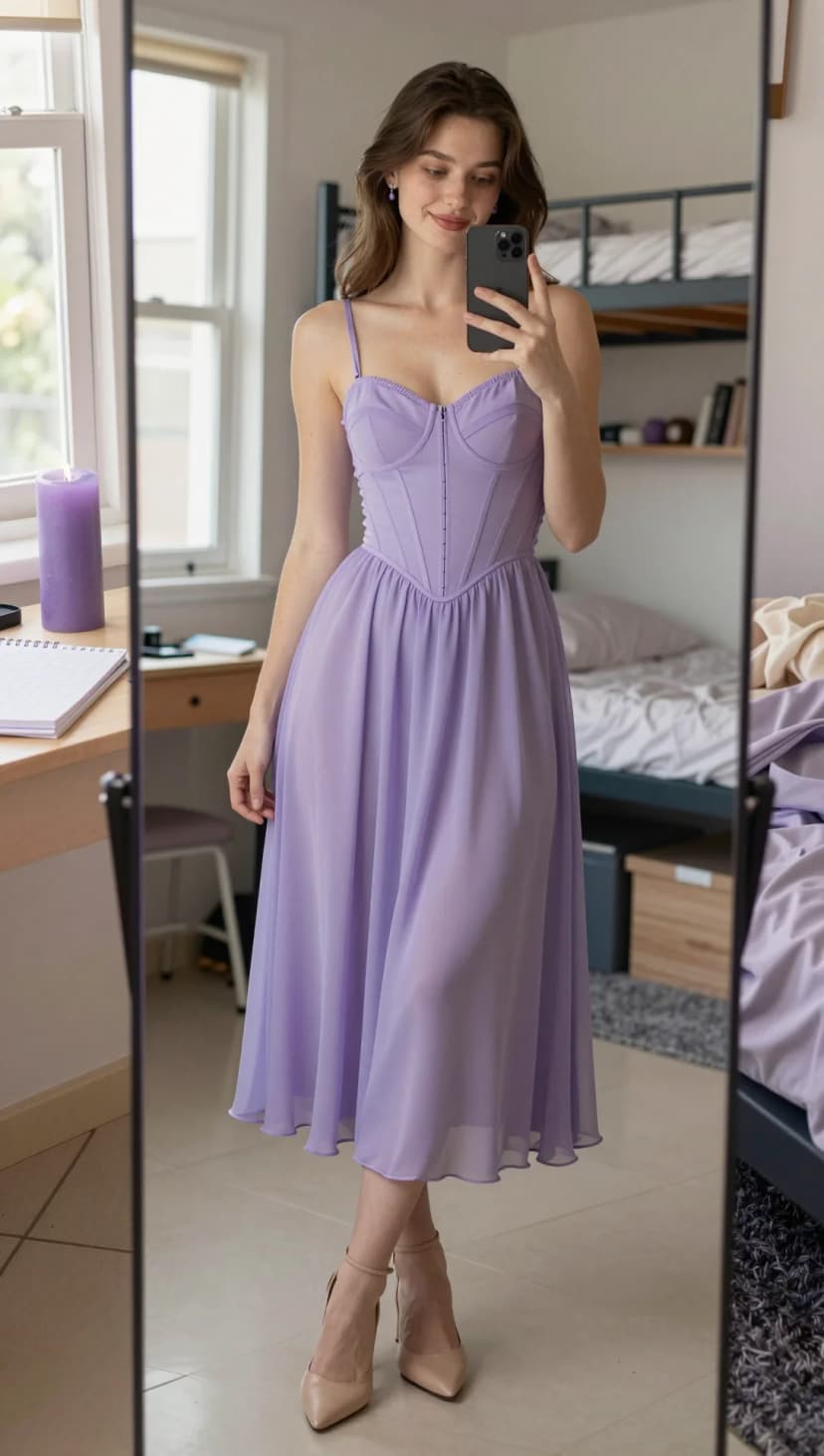 Lilac Corset Midi Dress + Nude Pointed-Toe Heels