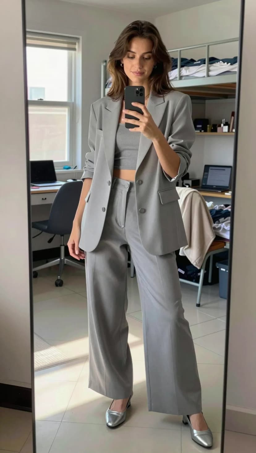 Grey Linen Blazer + Grey Linen Wide-Leg Trousers + Grey Linen Crop Top + Silver Pointed-Toe Heels