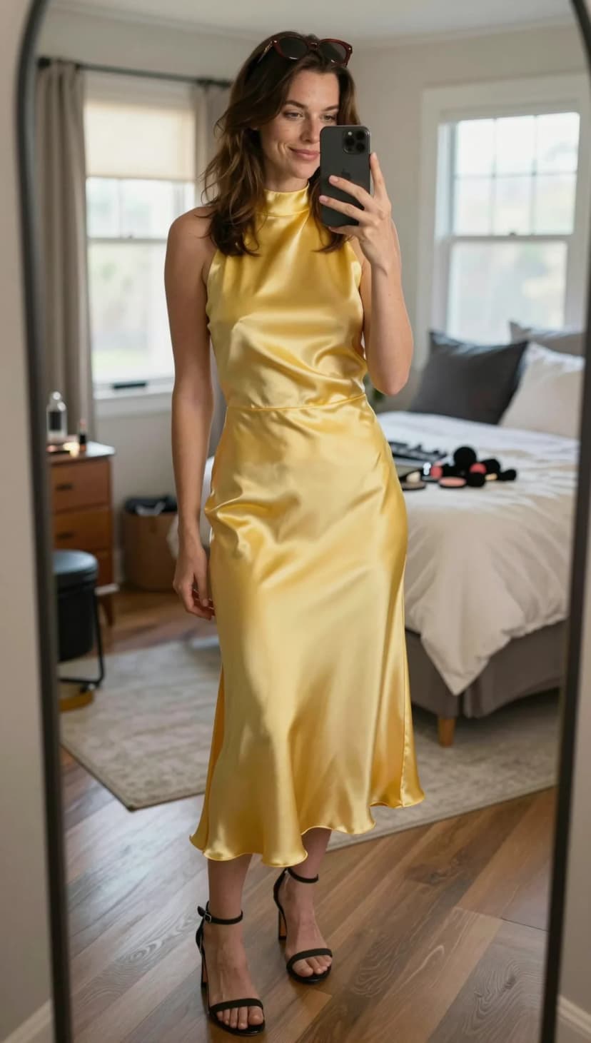 Yellow Satin Halter Dress + Black Strappy Heels