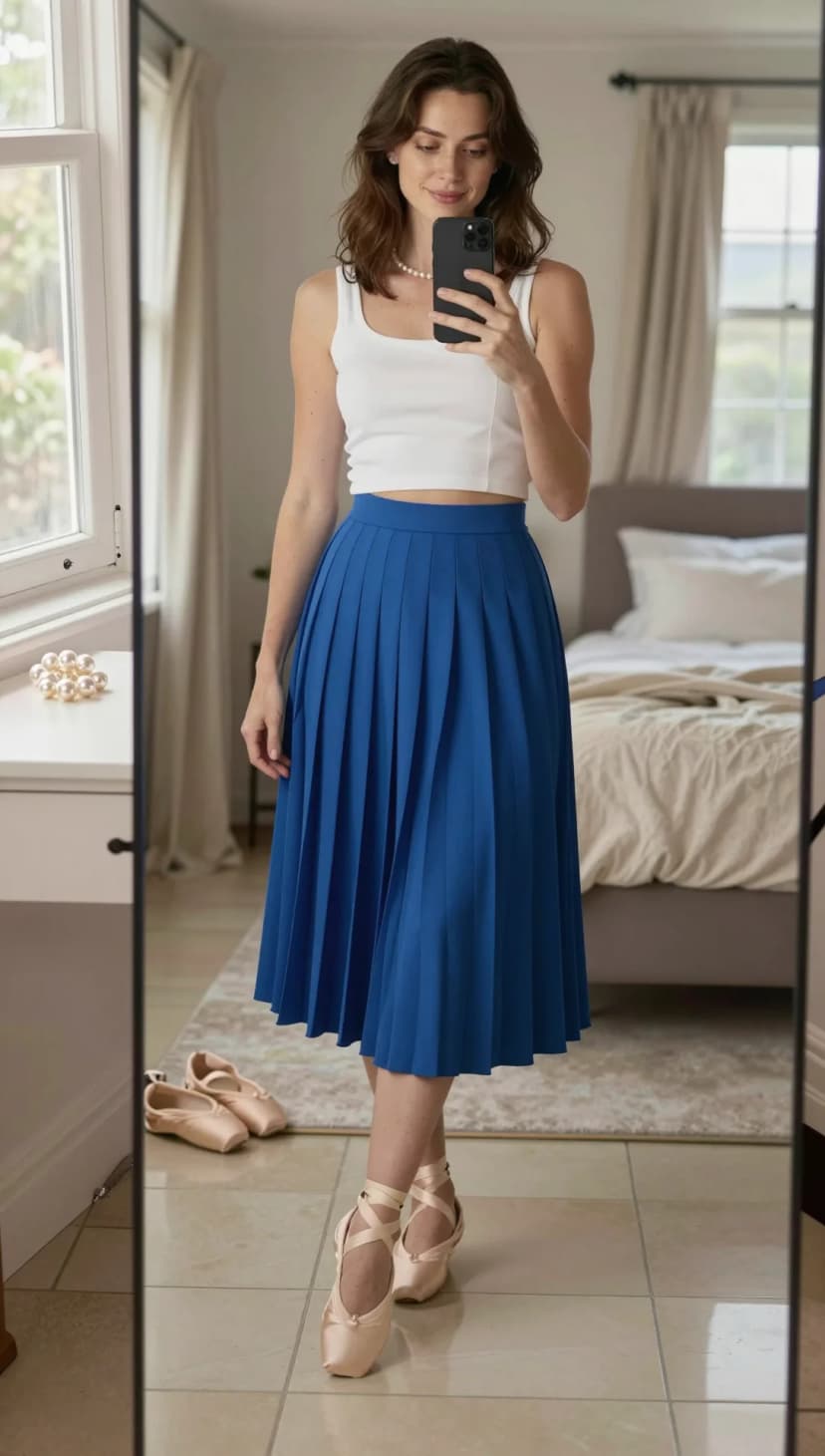 White Ribbed Tank Top + Royal Blue Pleated Midi Skirt + Nude Ballet Flats
