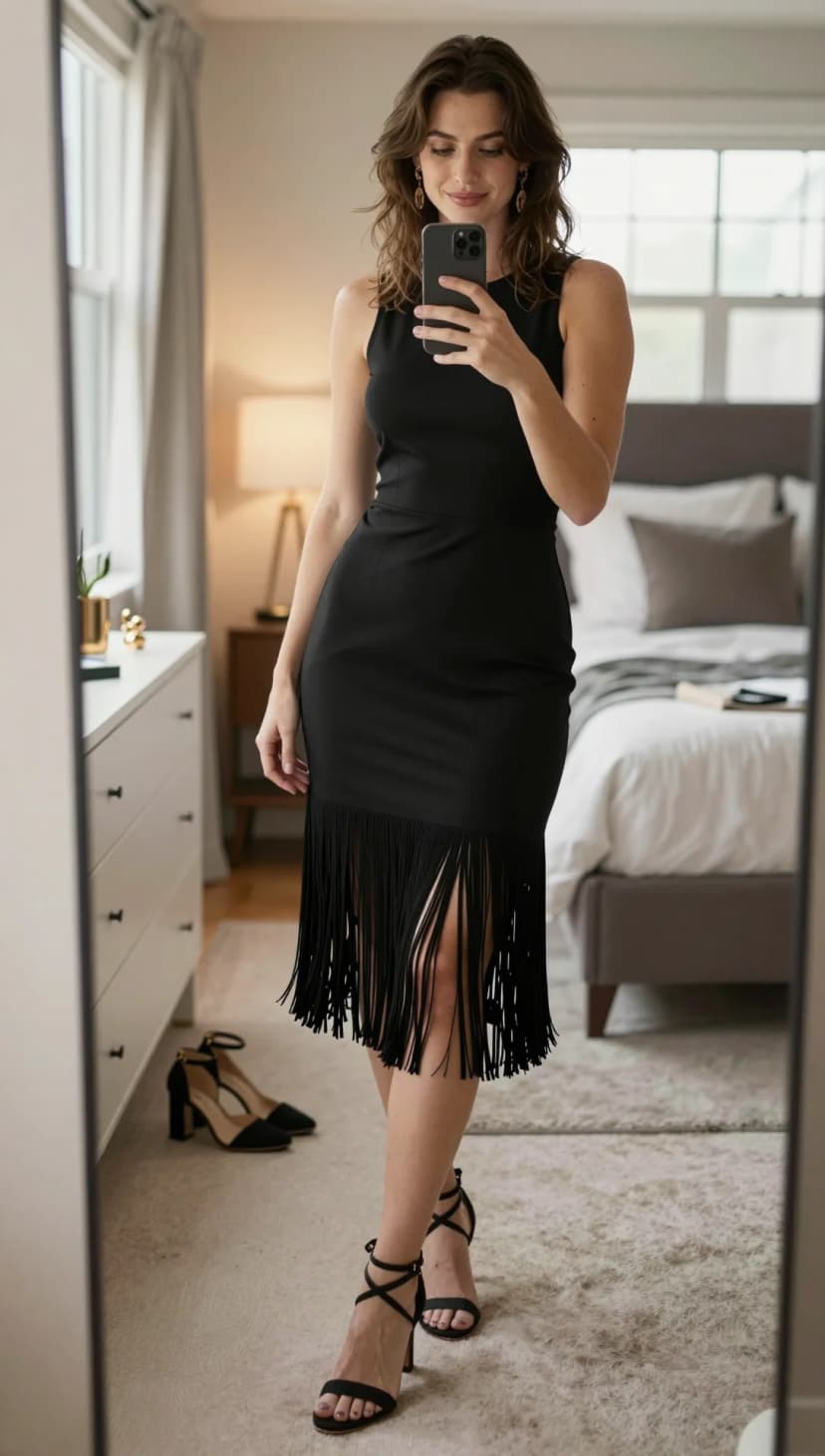 Black Sleeveless Fringe Dress + Black Strappy Heels