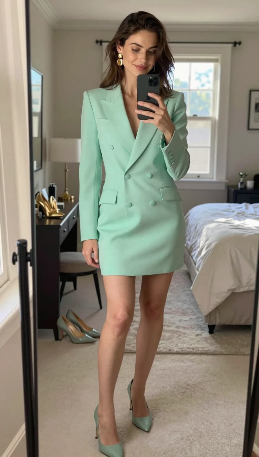 Mint Green Double-Breasted Blazer Dress + Mint Green Leather Pumps + Gold Disc Earrings