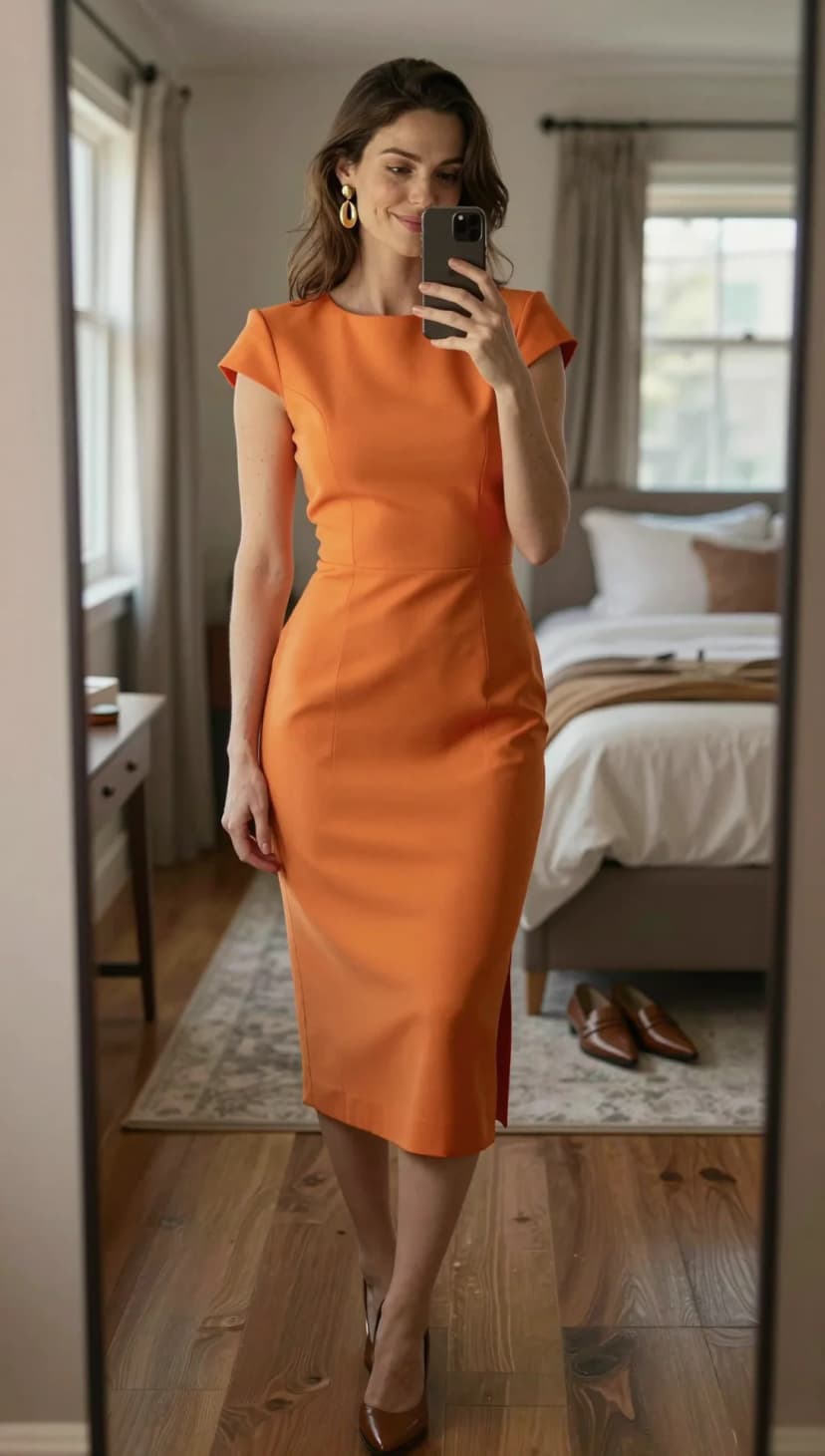 Orange Structured Sheath Dress + Gold Oval Earrings + Brown Pointed-Toe Heels