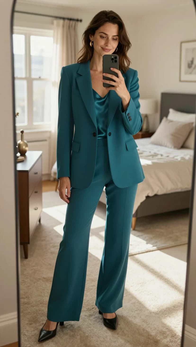 Teal Wool Blazer + Teal Wool Trousers + Teal Satin Cami + Black Pointed Heels