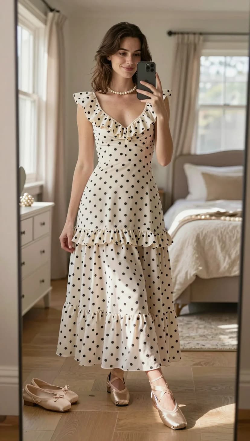 Cream Polka Dot Chiffon Ruffle Midi Dress + Champagne Satin Ballet Flats