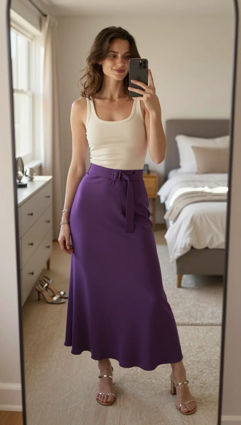 Cream Ribbed Tank + Purple Belted Maxi Skirt + Silver Strappy Heels
