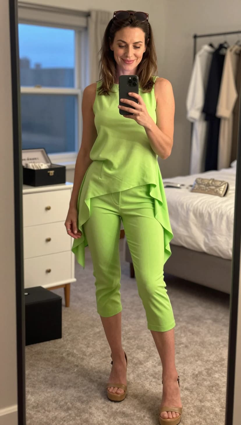 Lime Green Asymmetrical Chiffon Top + Lime Green Cropped Trousers + Tan Platform Heels