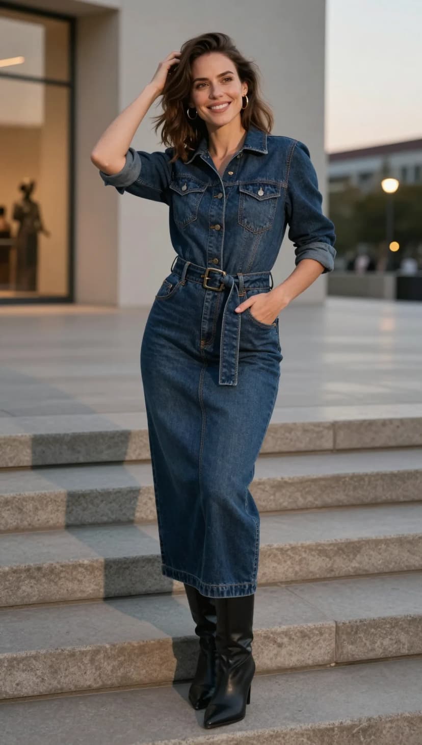 Blue Denim Midi Dress + Black Leather Boots