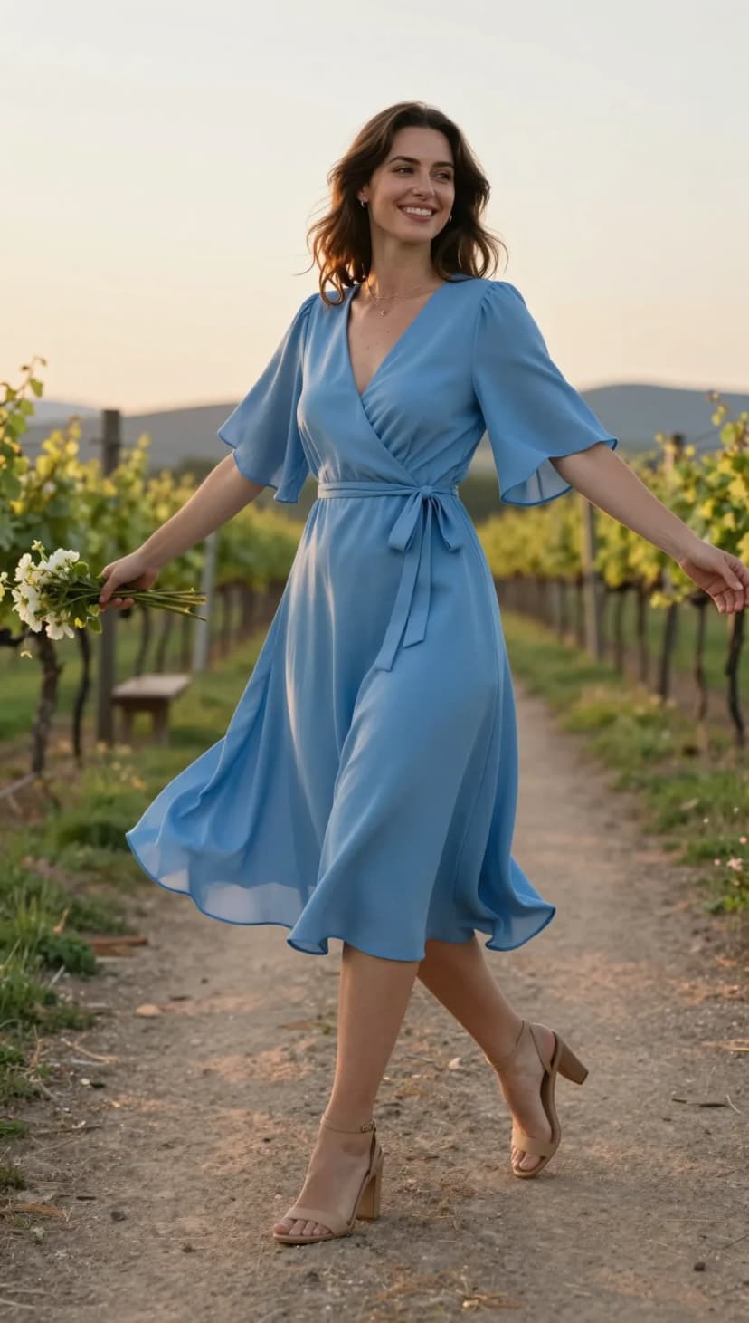 Sky Blue Chiffon Wrap Dress + Nude Block Heel Sandals