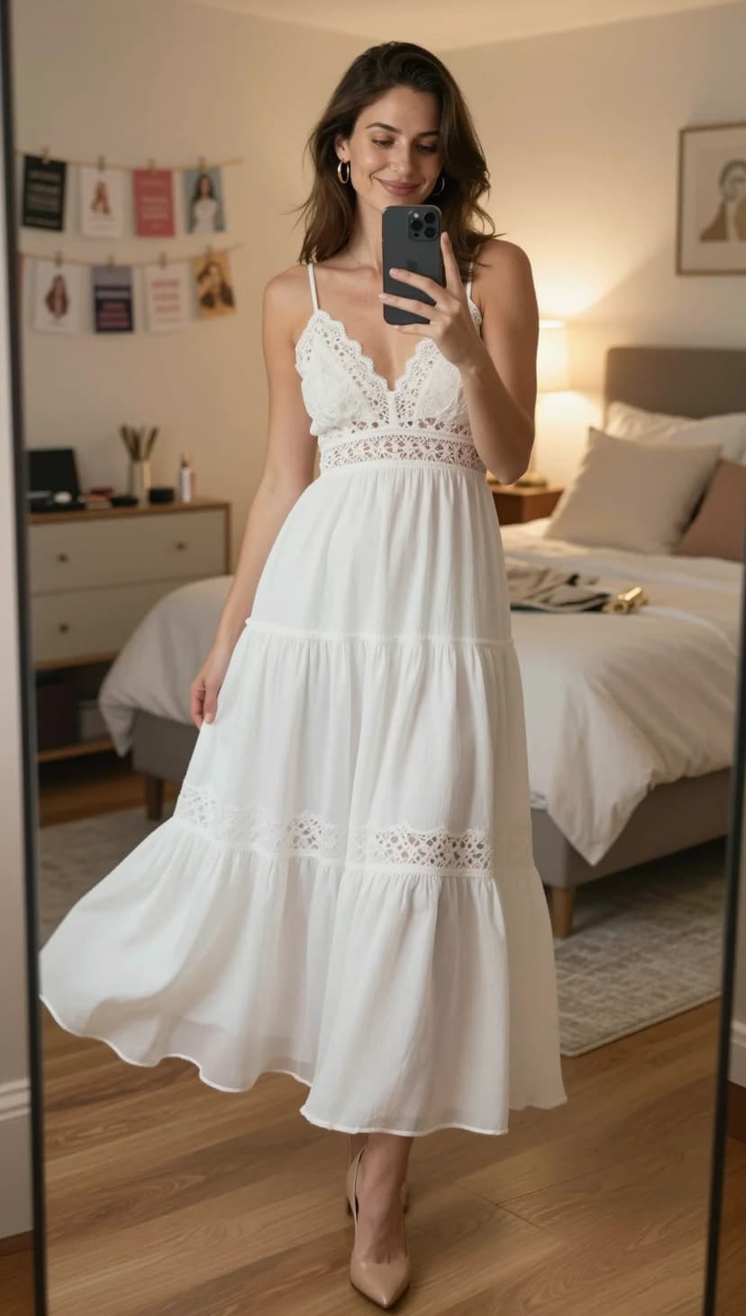 White Cotton Lace Maxi Dress + Nude Pointed Toe Heels