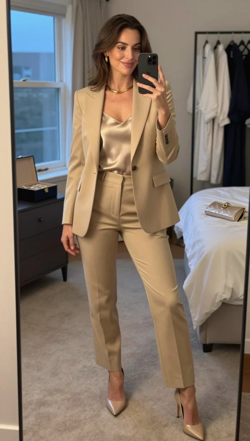 Camel Wool Blazer + Champagne Satin Camisole + Camel Wool Trousers + Nude Patent Leather Pumps