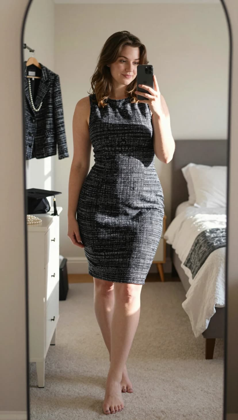 Black and White Tweed Sheath Dress + Black and White Tweed Blazer