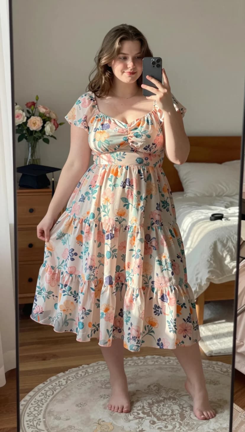 Cream Floral Print Chiffon Tiered Dress